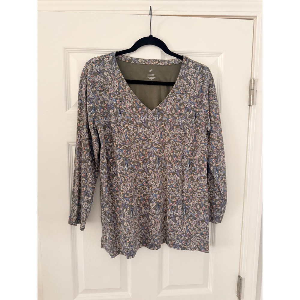 J. Jill Simply Supima Side-Slit Tunic Paisley V-Neck Cotton Top Olive Green M